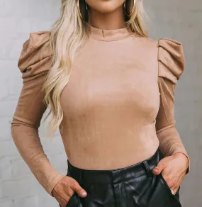 Brown Puff Sleeve Suede Bodysuit Brown Puff Sleeve Suede Bodysuit