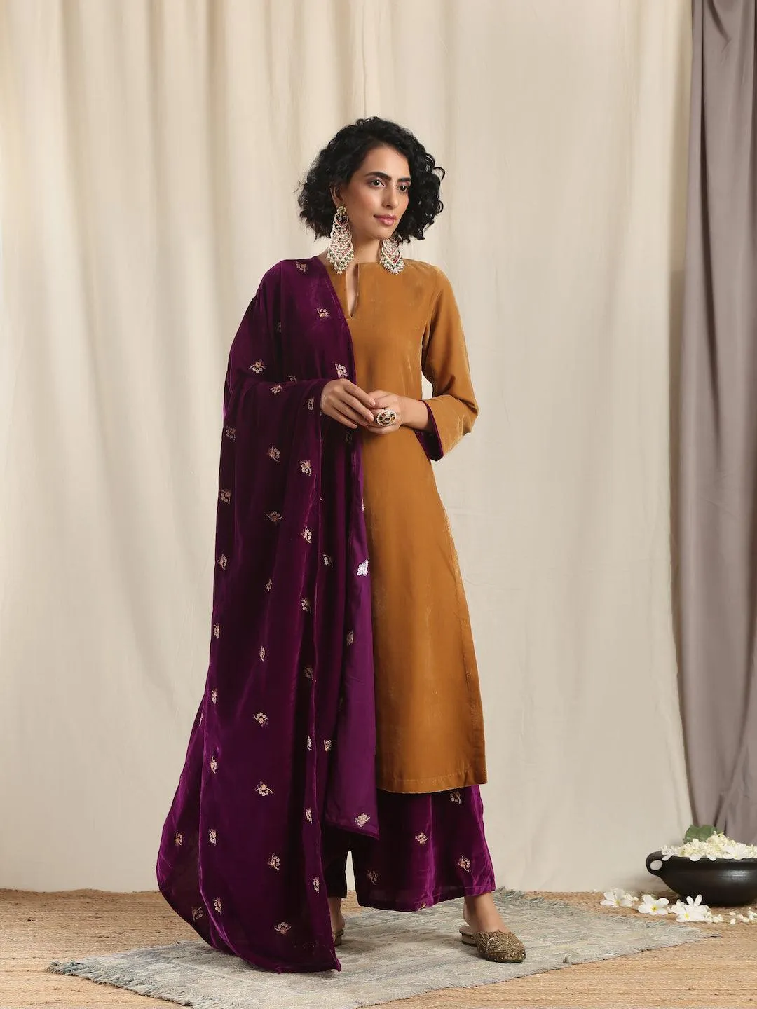 Brown Velvet Slit Kurta