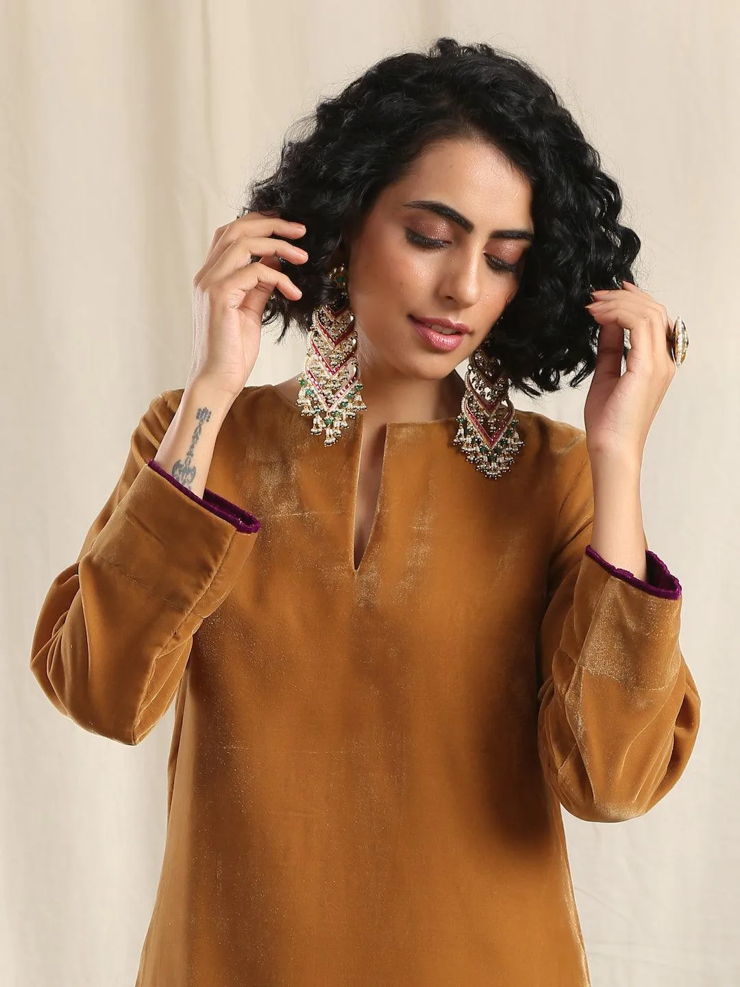 Brown Velvet Slit Kurta