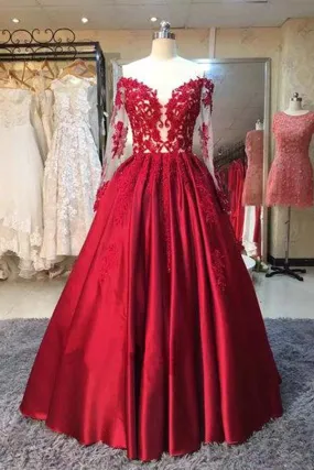 Burgundy A-line Floor-Length Long Sleeves Sweetheart Lace Prom Dresses, SP428 Burgundy A-line Floor-Length Long Sleeves Sweetheart Lace Prom Dresses, SP428