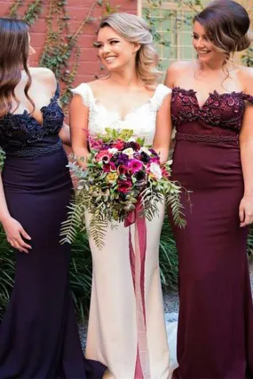 Burgundy Pink Navy Off Shoulder Stunning Mermaid Bridesmaid Dress with Train, BD49 Burgundy Pink Navy Off Shoulder Stunning Mermaid Bridesmaid Dress with Train, BD49