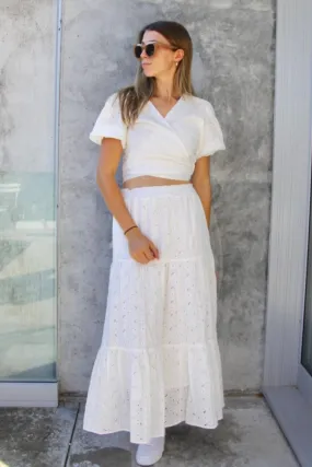 California White Embroidery Anglaise Shirred Waist Tiered Maxi Skirt California White Embroidery Anglaise Shirred Waist Tiered Maxi Skirt
