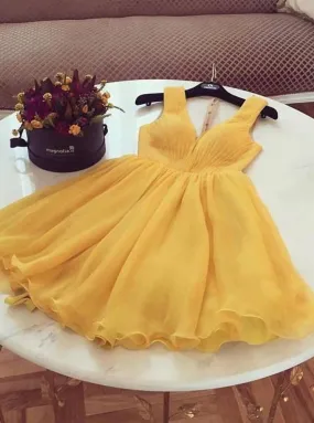 Chic A-line Yellow V-neck Short Homecoming Dresses Graduation Dress OM547 Chic A-line Yellow V-neck Short Homecoming Dresses Graduation Dress OM547
