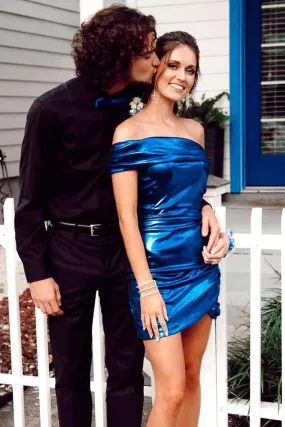 Chic Short Navy Blue One Shoulder Homecoming Dress With Pleats Chic Short Navy Blue One Shoulder Homecoming Dress With Pleats