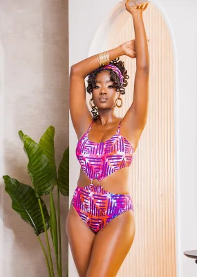 Chika Women's African Print Cut-Out Swimsuit (Blue Raspberry Adire)-Clearance Chika Women's African Print Cut-Out Swimsuit (Blue Raspberry Adire)-Clearance