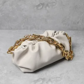 Chunky Chain Link Gathered Leather Cloud Clutch Bag - Beige Chunky Chain Link Gathered Leather Cloud Clutch Bag - Beige