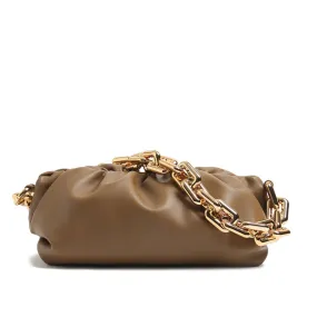 Chunky Chain Link Gathered Leather Cloud Clutch Bag - Coffee Chunky Chain Link Gathered Leather Cloud Clutch Bag - Coffee
