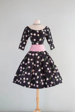Classic 1950's French Couture Rose Print Party Dress Jean Dando Paris / Small Classic 1950's French Couture Rose Print Party Dress Jean Dando Paris / Small
