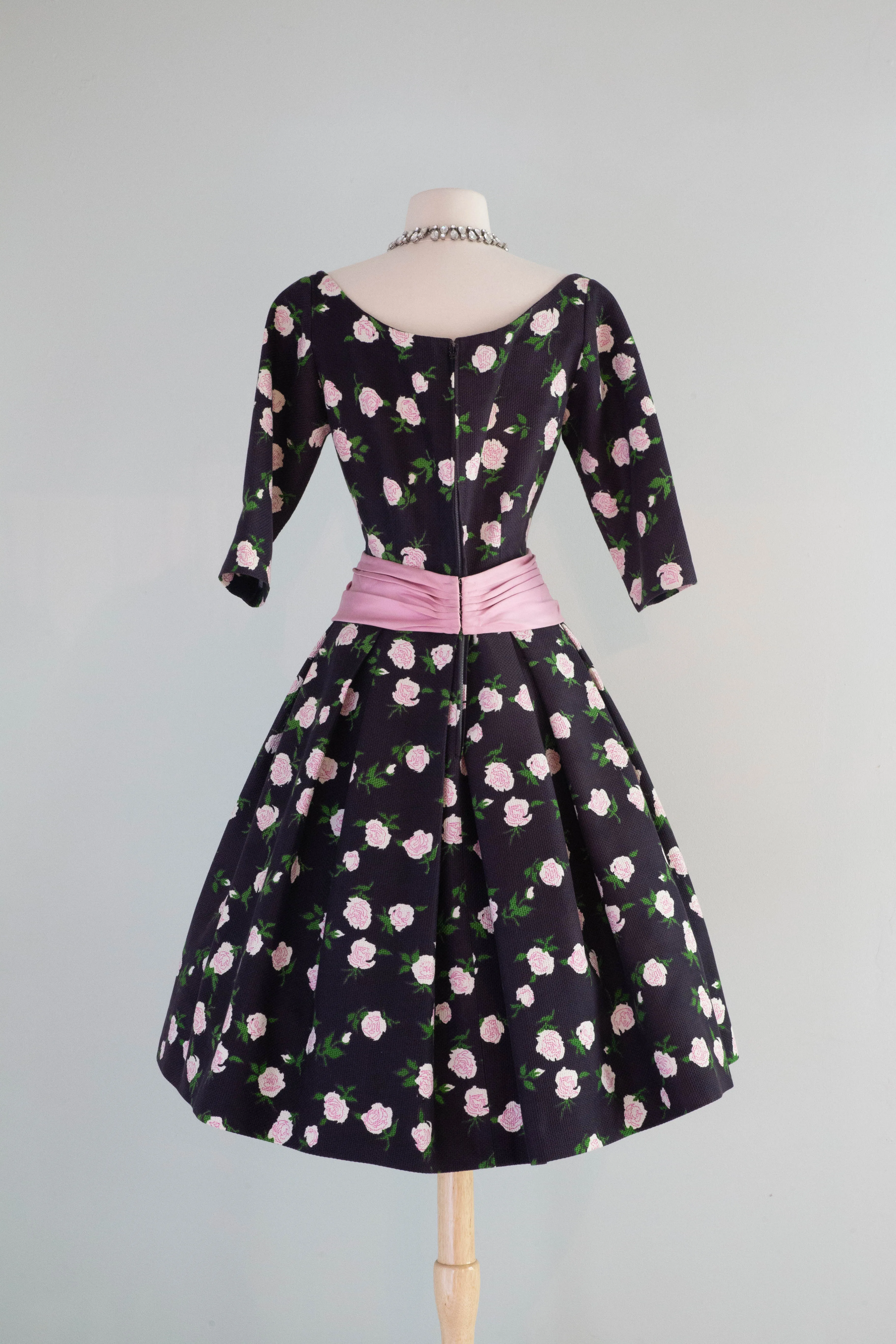 Classic 1950's French Couture Rose Print Party Dress Jean Dando Paris / Small