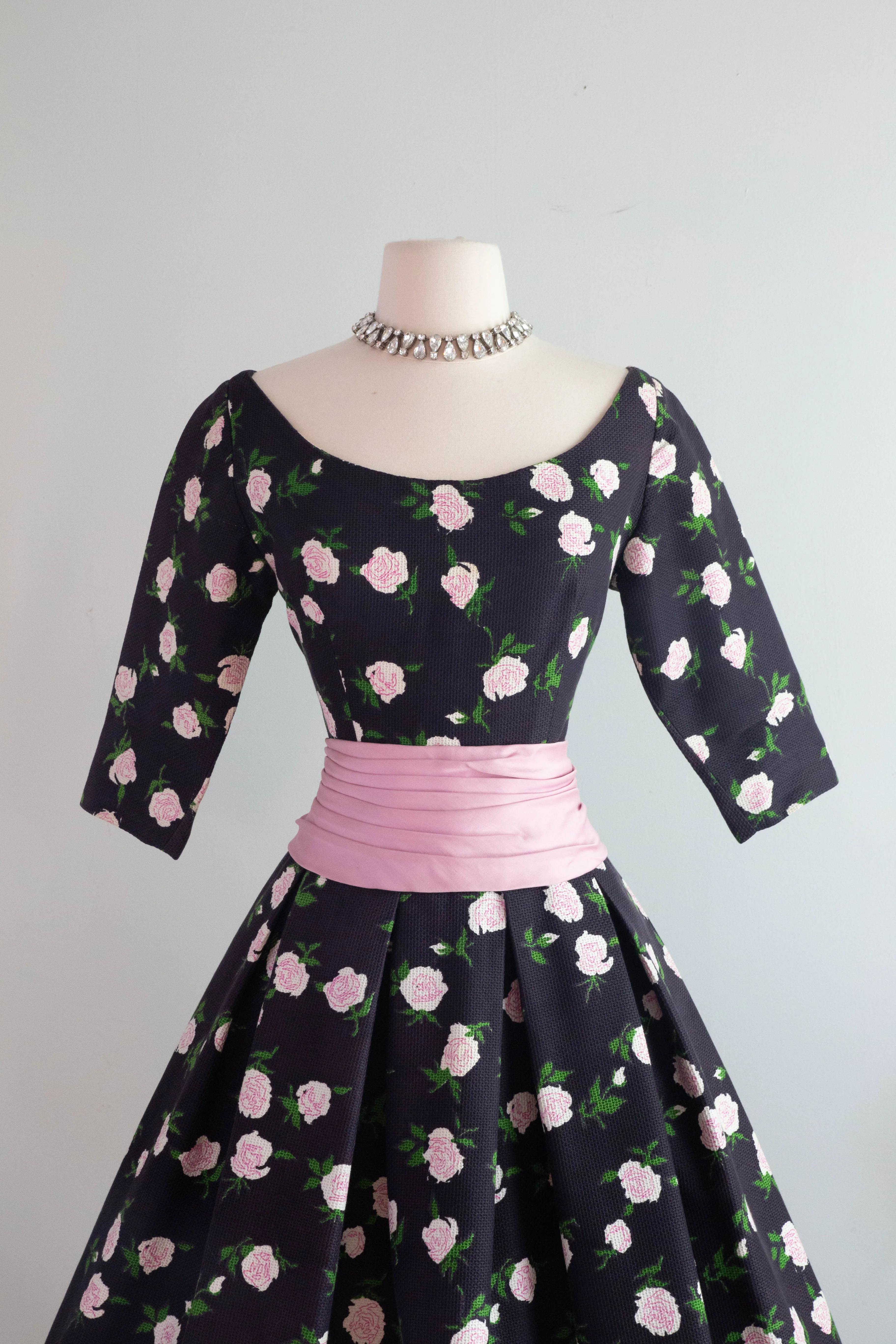 Classic 1950's French Couture Rose Print Party Dress Jean Dando Paris / Small