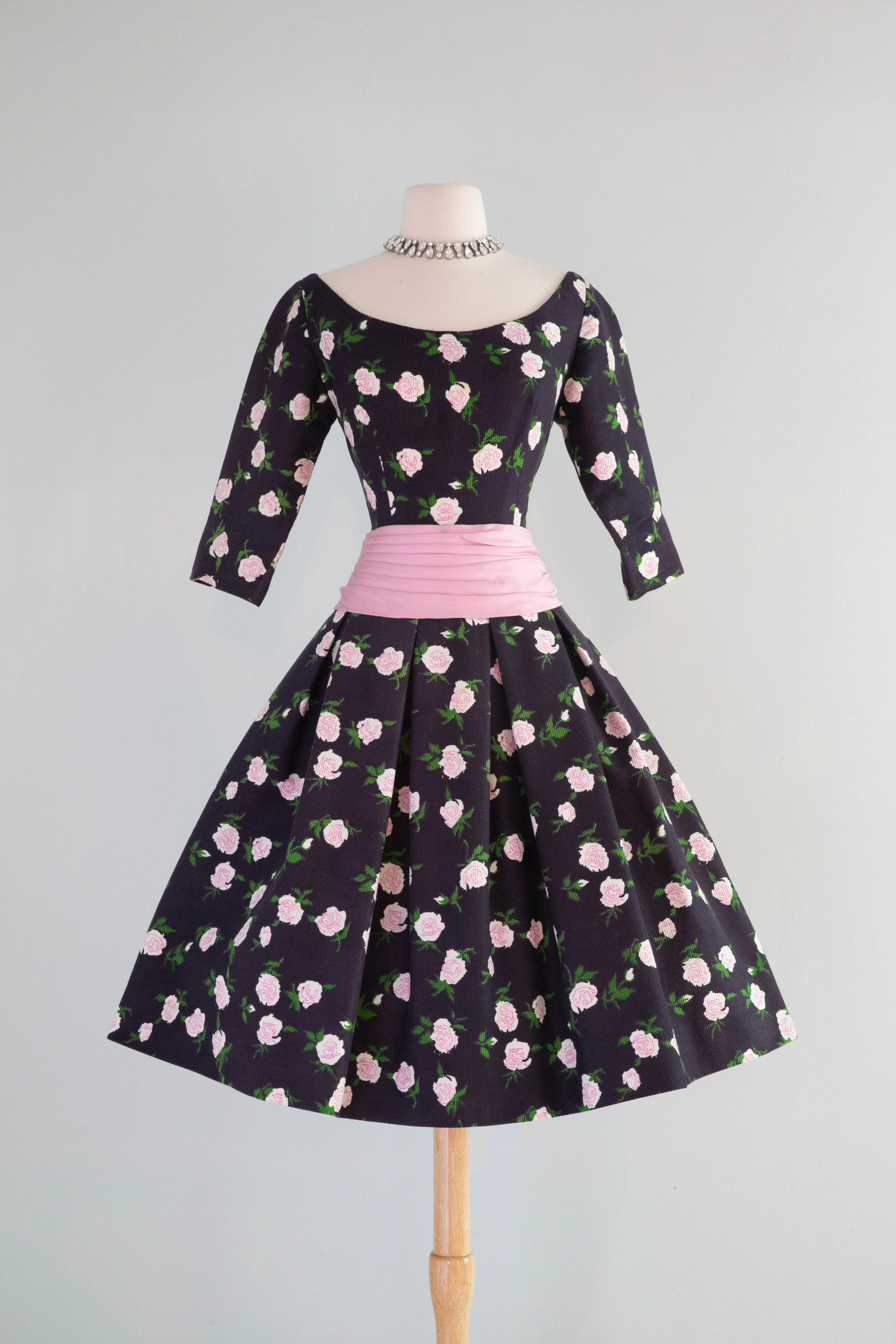 Classic 1950's French Couture Rose Print Party Dress Jean Dando Paris / Small