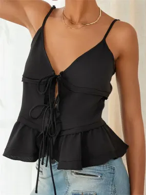 Color Sleeveless Deep V Neck Front Split Tie-Up Ruffles Hem Cami Top Color Sleeveless Deep V Neck Front Split Tie-Up Ruffles Hem Cami Top