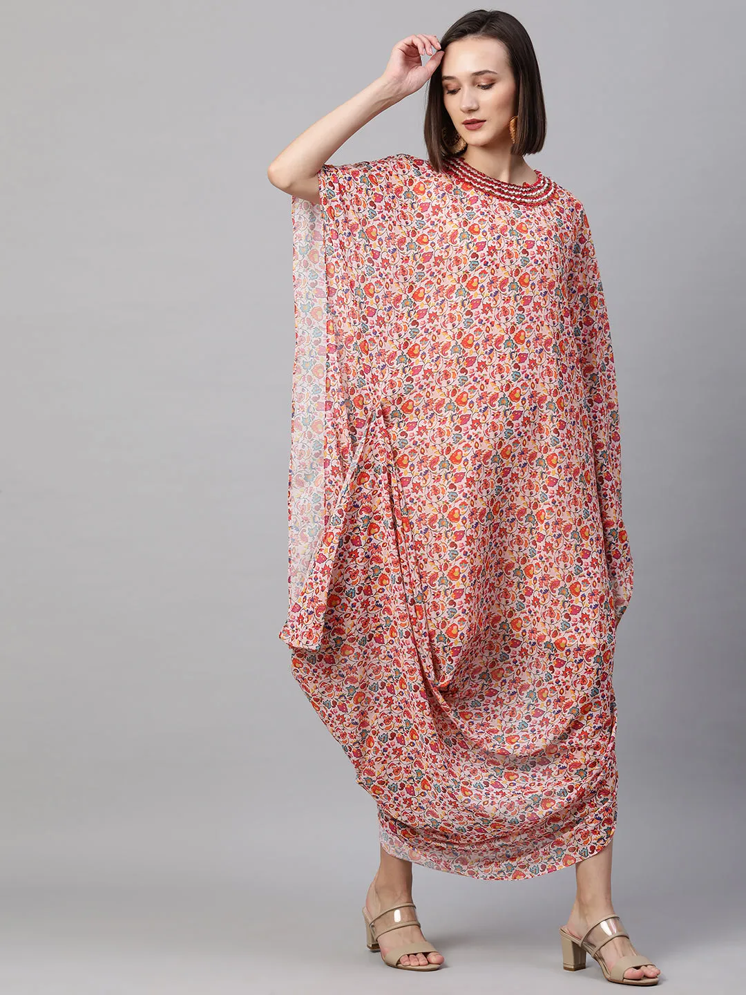 Colorful Jaal Printed Cowl Draped Dress - Peach