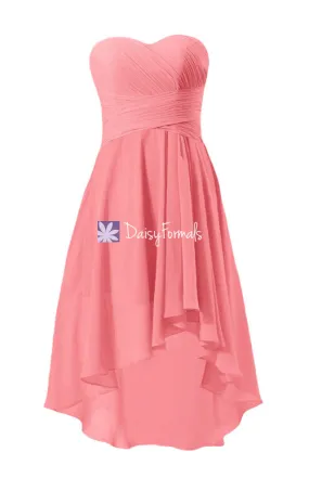 Coral Strapless Party Dress Sweetheart Chiffon Dress High Low Bridesmaid Dress (BM2431) Coral Strapless Party Dress Sweetheart Chiffon Dress High Low Bridesmaid Dress (BM2431)
