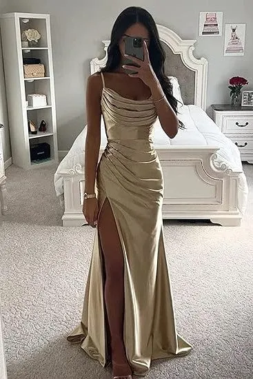 Cowl Neck Pleated A-Line Formal Prom Dress with Slit
