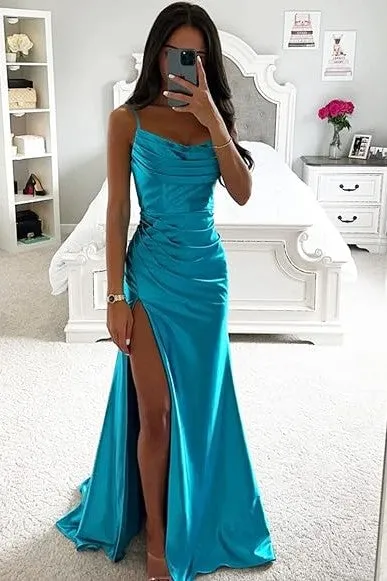 Cowl Neck Pleated A-Line Formal Prom Dress with Slit