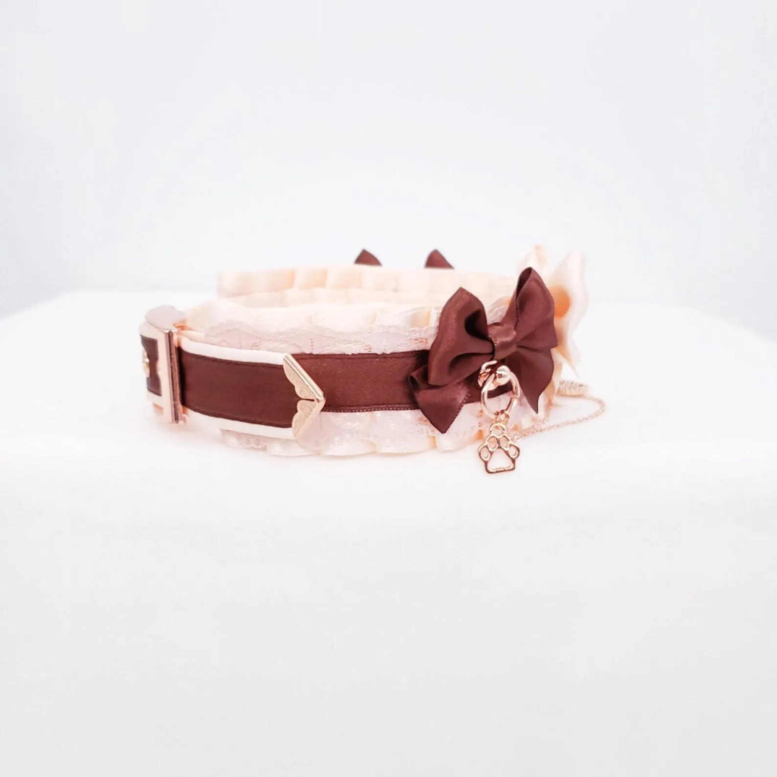 Cream and Chocolate Brown Puppy Pet Play Collar and Leash Set - Rose Gold