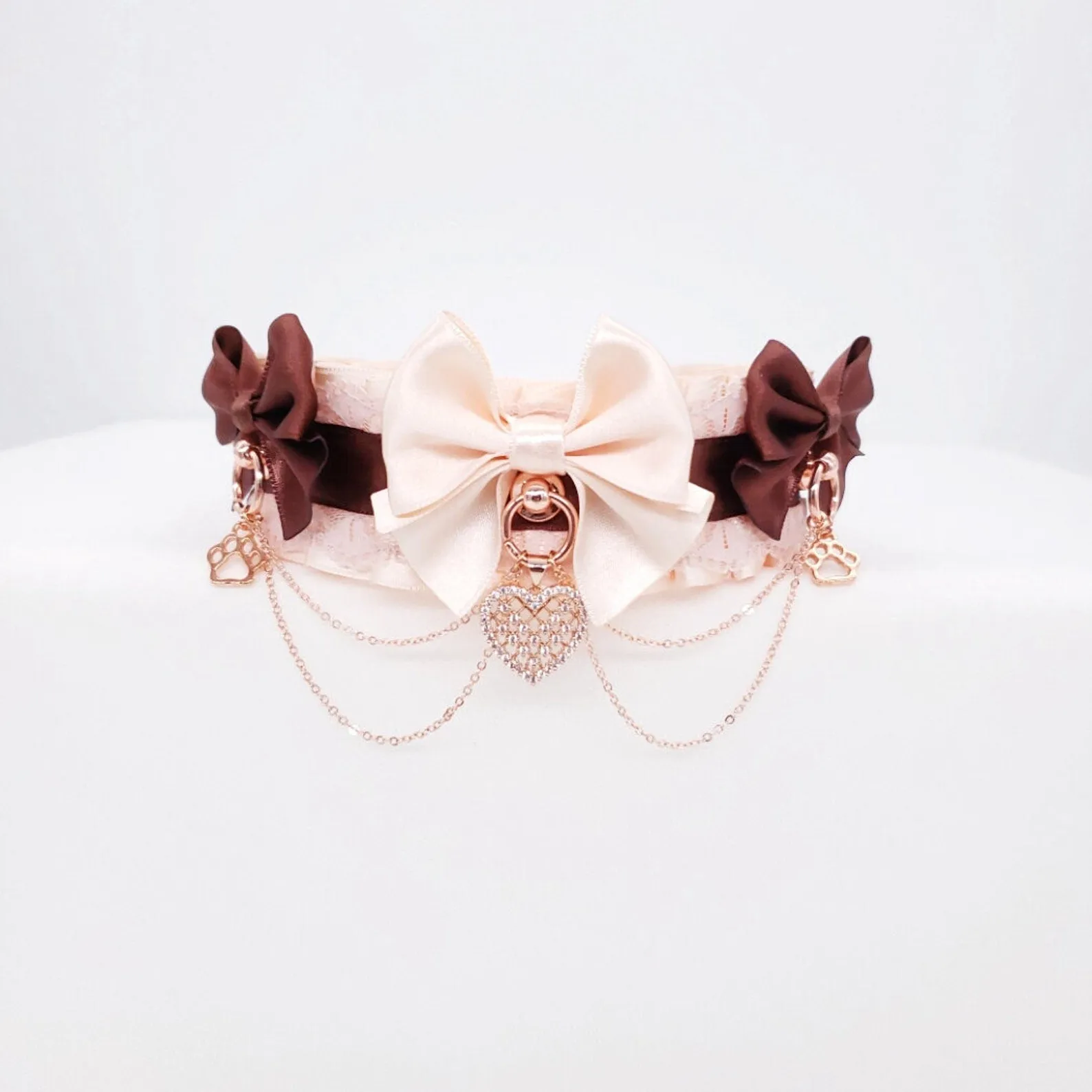 Cream and Chocolate Brown Puppy Pet Play Collar and Leash Set - Rose Gold