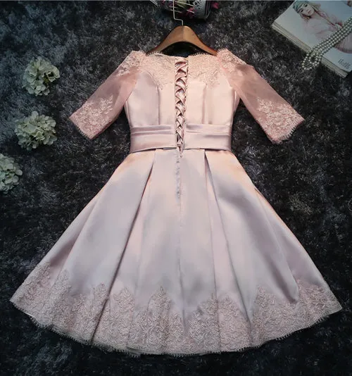 Cute A-Line Half-sleeves Lace up Back Short Bridesmaid Dress with Appliques, BD74