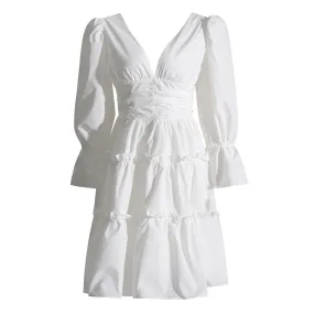 Cute Plunge 3/4 Sleeve Gathered High Waist Bow Tie Tiered Mini Dress Cute Plunge 3/4 Sleeve Gathered High Waist Bow Tie Tiered Mini Dress