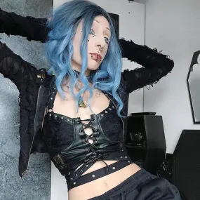 Cyber Gothic PU Leather Lace-up Y2K Emo Grunge Crop Top Cyber Gothic PU Leather Lace-up Y2K Emo Grunge Crop Top