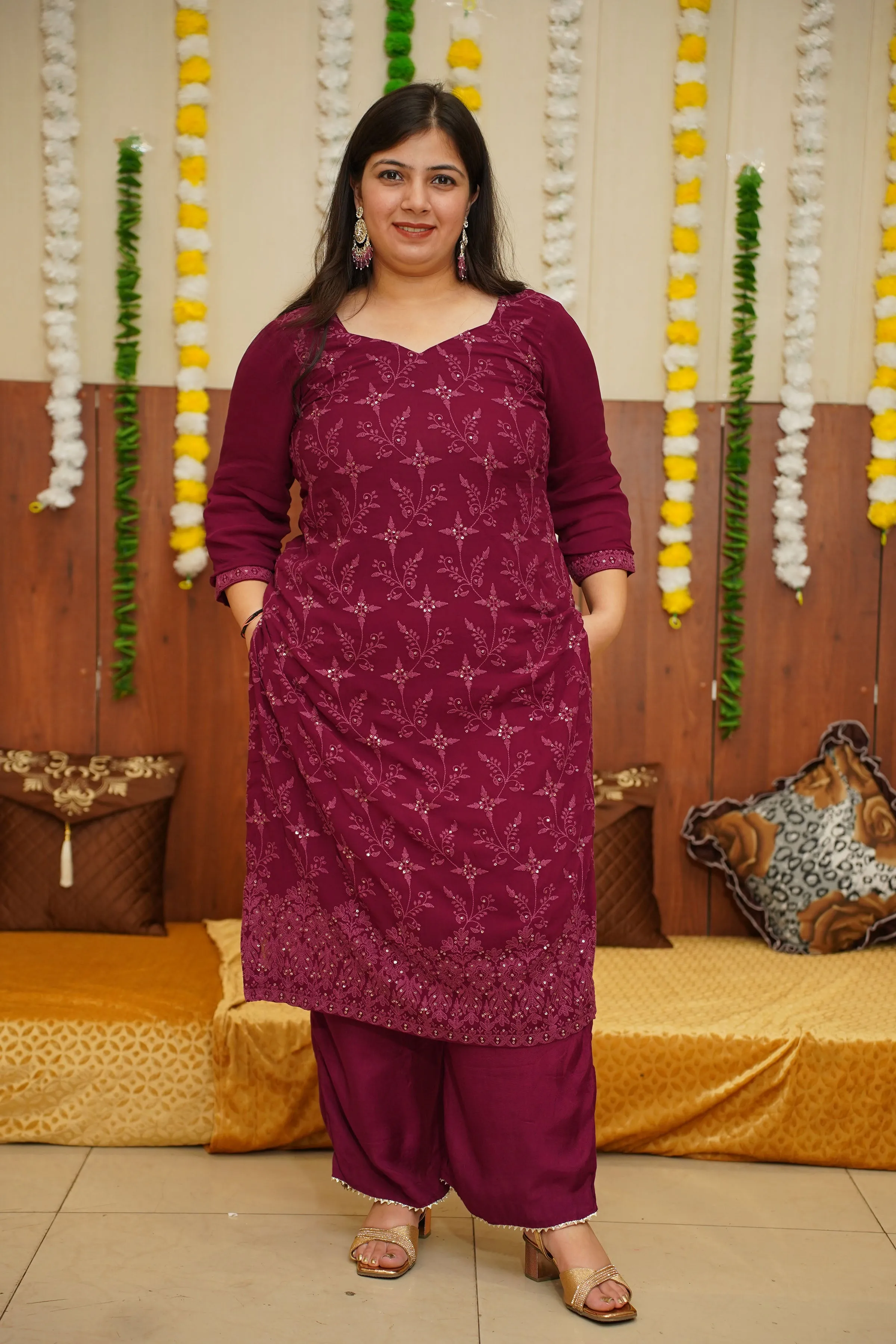 Deep Wine Sequined Suit Set