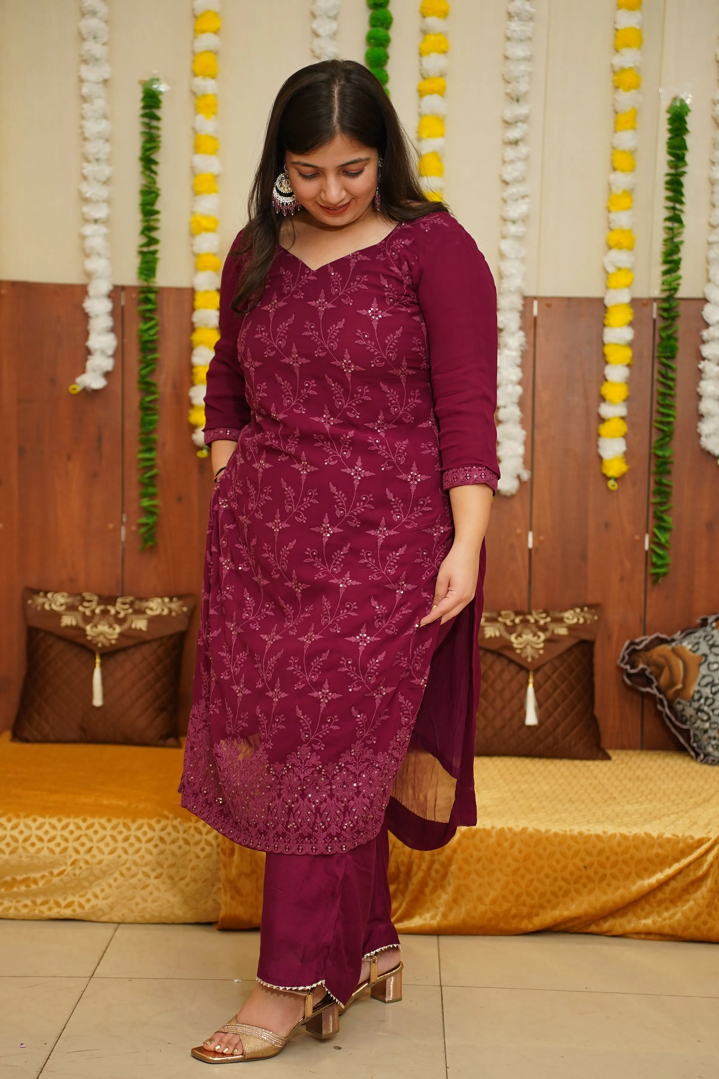Deep Wine Sequined Suit Set