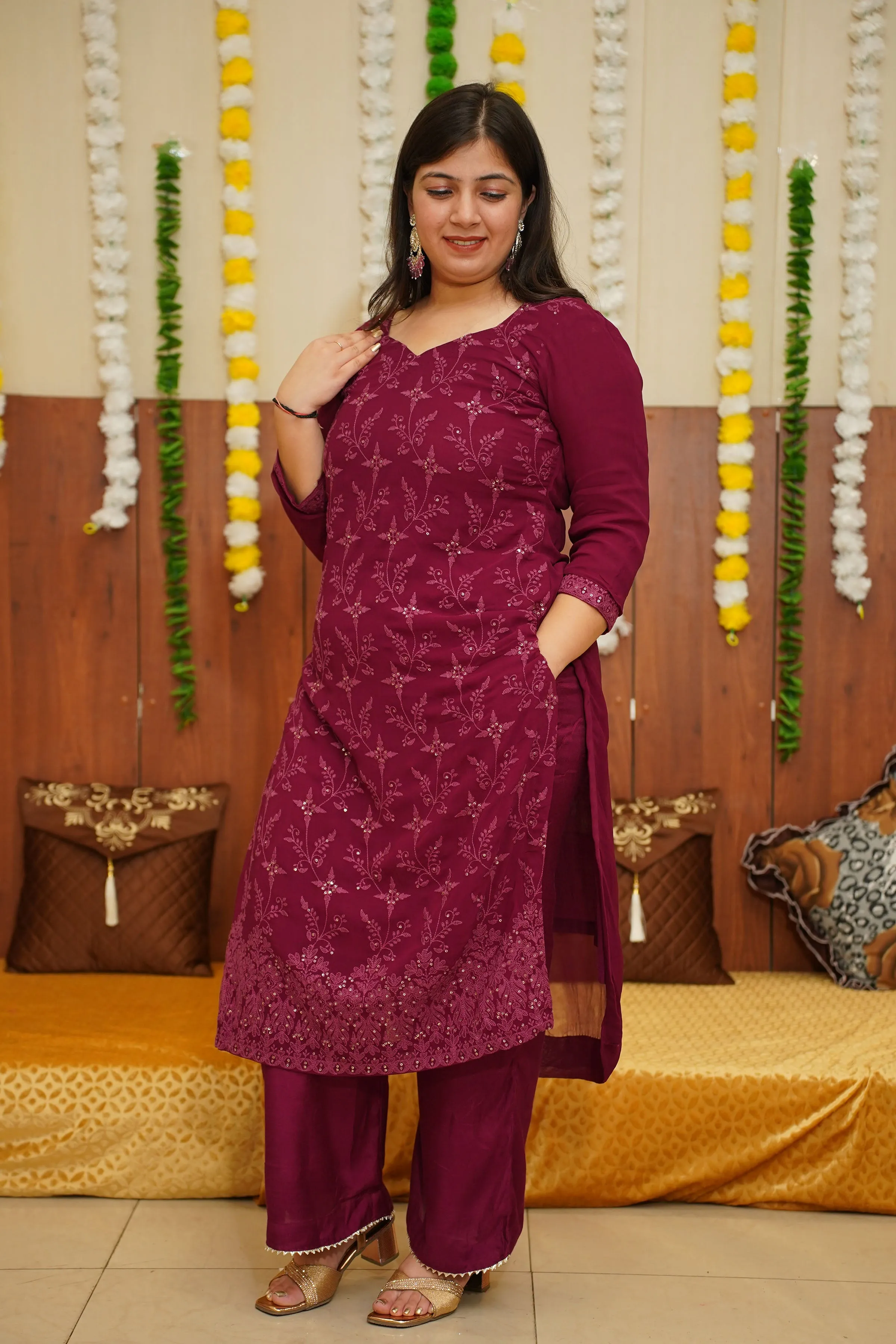 Deep Wine Sequined Suit Set