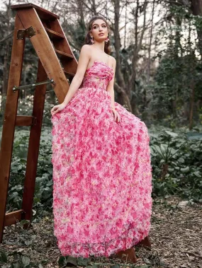 Elegant Floral Tulle Cascading Ruffle Hem Strapless Prom Dress Elegant Floral Tulle Cascading Ruffle Hem Strapless Prom Dress