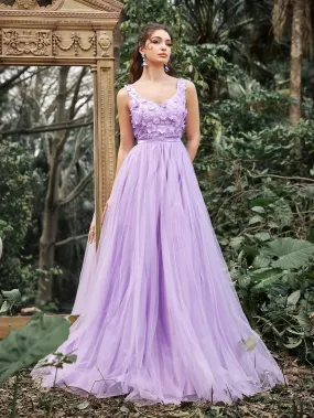 Elegant Scoop Neck Floral Applique Bodice Tulle Evening Dress Elegant Scoop Neck Floral Applique Bodice Tulle Evening Dress