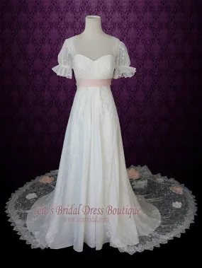 Empire Lace Wedding Dress with Sleeves Pink Sash and Flowers ANTJE Empire Lace Wedding Dress with Sleeves Pink Sash and Flowers ANTJE