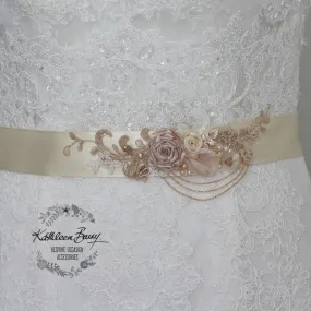 Eva Wedding dress sash belt - floral with lace - Blush pink and rose gold Eva Wedding dress sash belt - floral with lace - Blush pink and rose gold