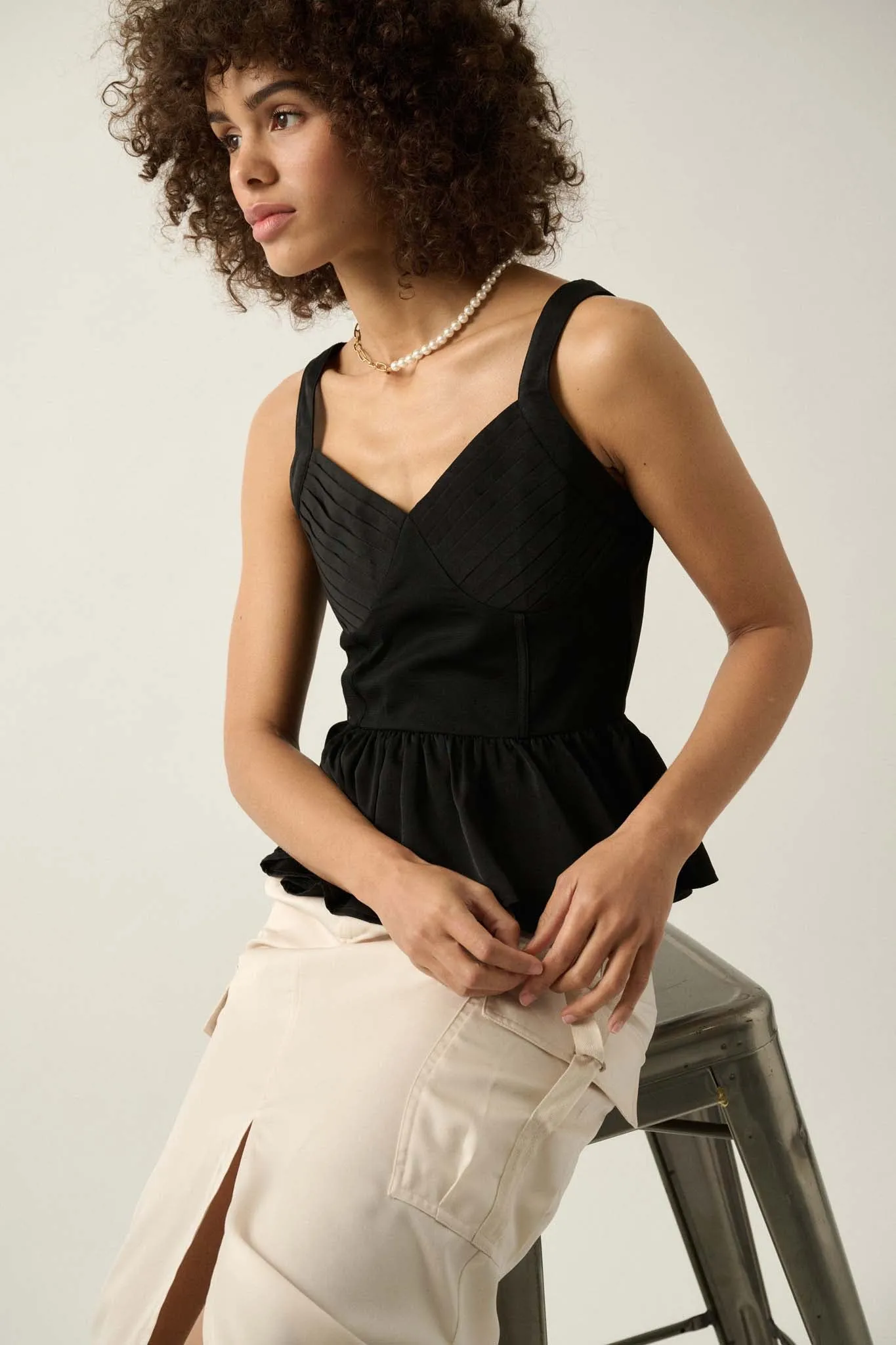 Everyday Elegance Pleated Satin Peplum Cami Top