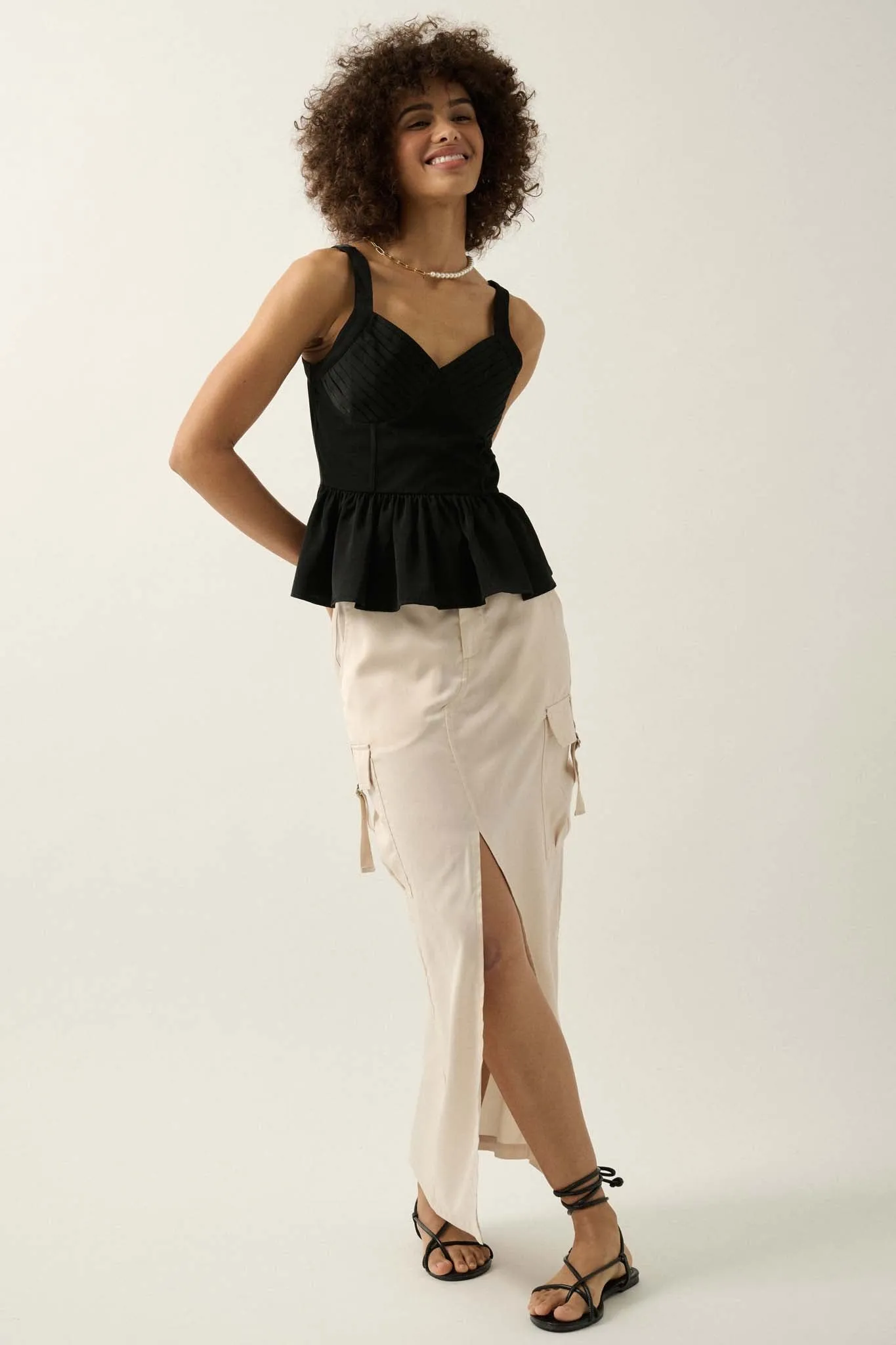 Everyday Elegance Pleated Satin Peplum Cami Top