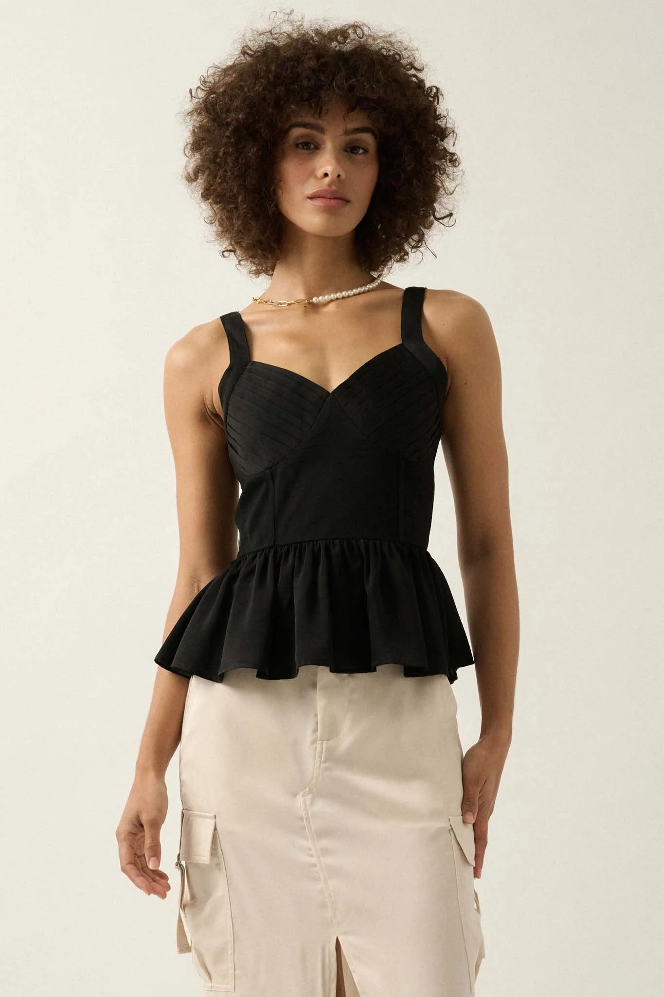 Everyday Elegance Pleated Satin Peplum Cami Top
