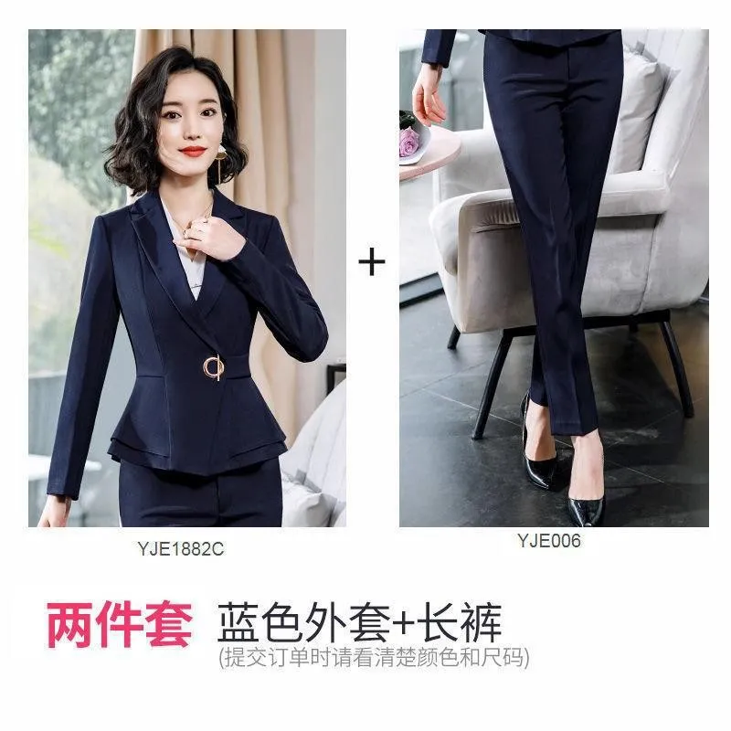 Factory spot wholesale wine red blue black 5XL women's winter two-piece formal Long Sleeve Ruffle slim fitting suit and pants of