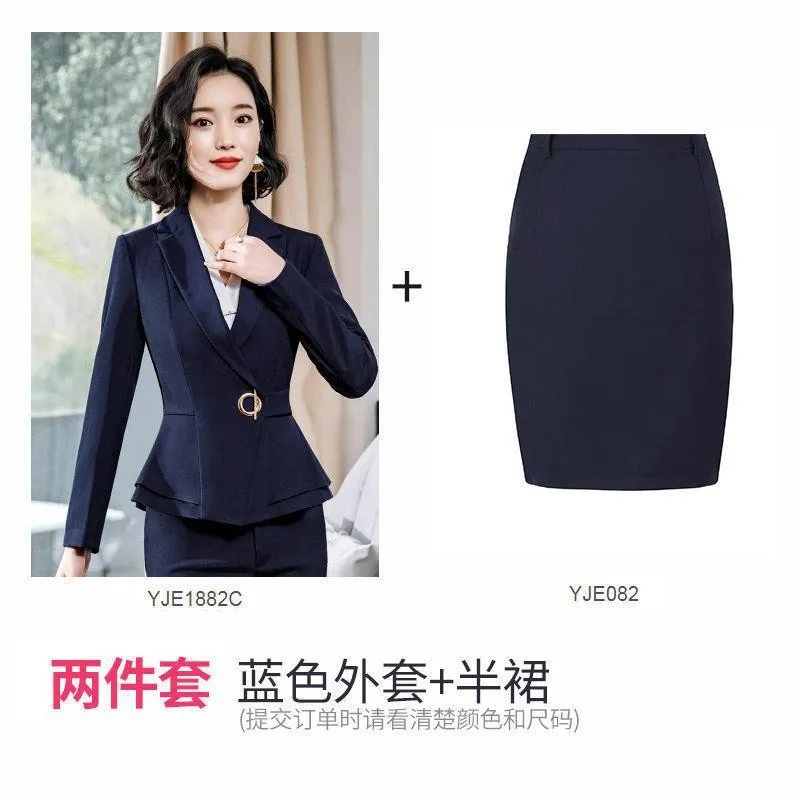 Factory spot wholesale wine red blue black 5XL women's winter two-piece formal Long Sleeve Ruffle slim fitting suit and pants of