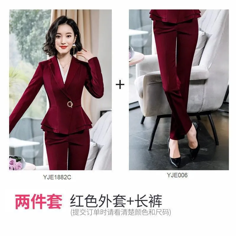 Factory spot wholesale wine red blue black 5XL women's winter two-piece formal Long Sleeve Ruffle slim fitting suit and pants of