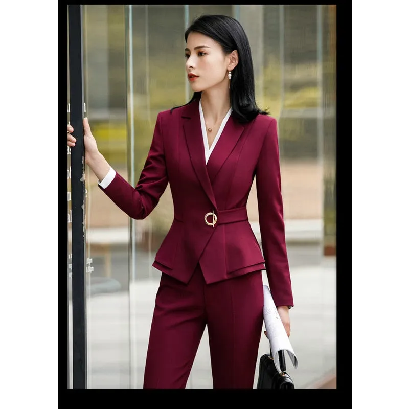 Factory spot wholesale wine red blue black 5XL women's winter two-piece formal Long Sleeve Ruffle slim fitting suit and pants of
