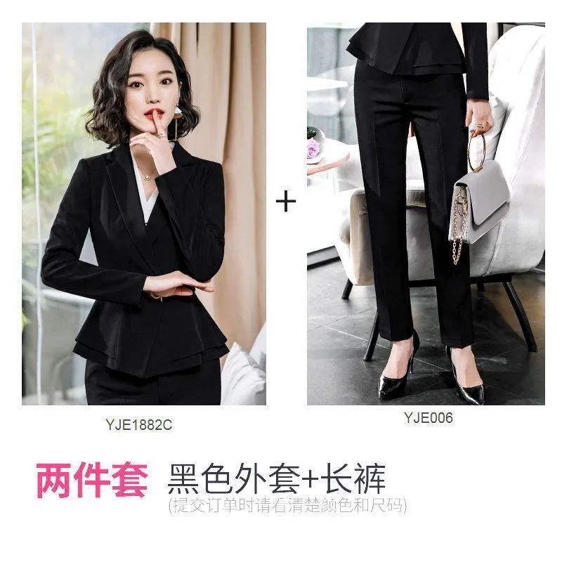 Factory spot wholesale wine red blue black 5XL women's winter two-piece formal Long Sleeve Ruffle slim fitting suit and pants of