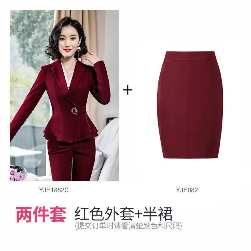Factory spot wholesale wine red blue black 5XL women's winter two-piece formal Long Sleeve Ruffle slim fitting suit and pants of