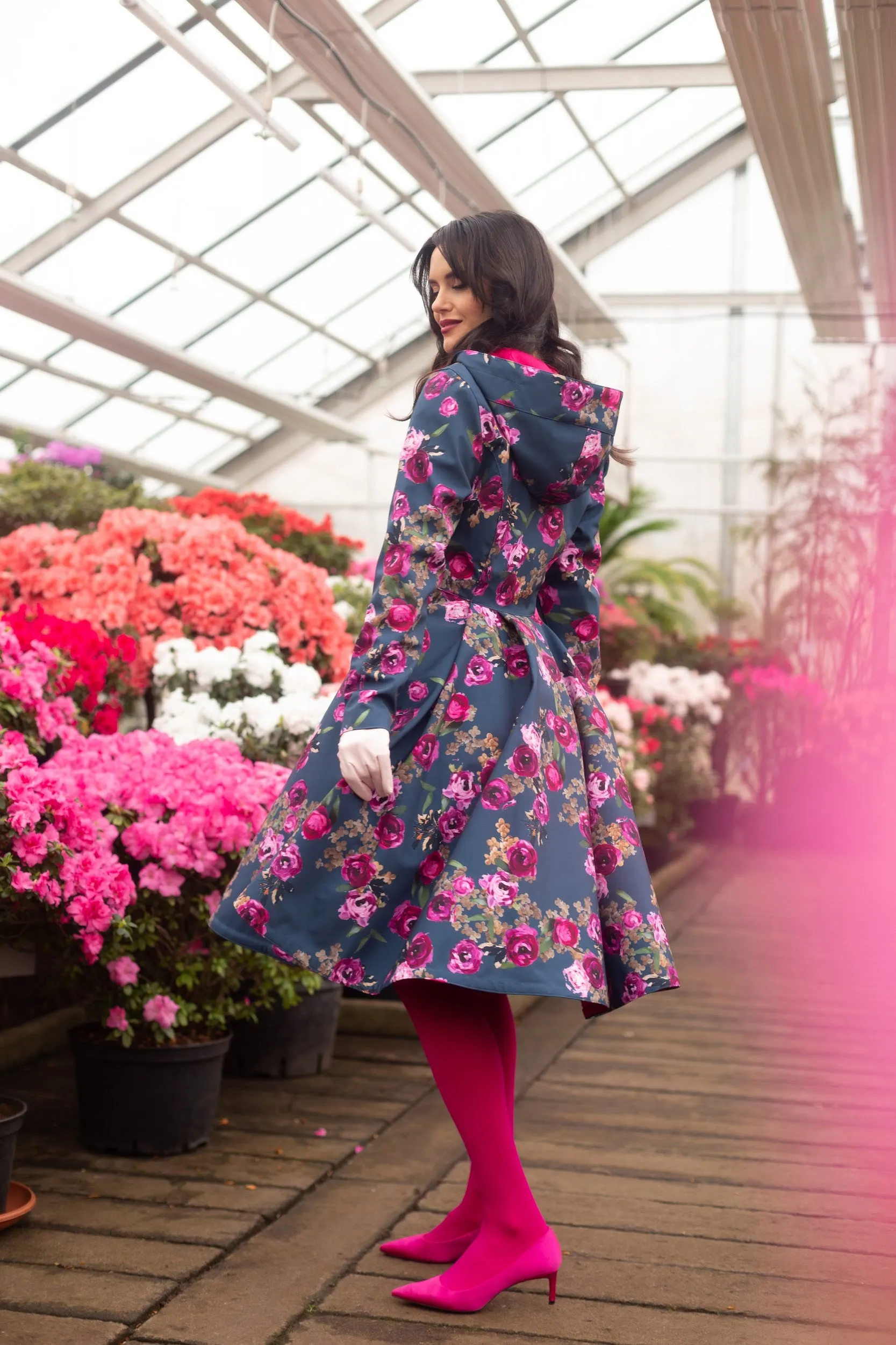 Fitted and Flared Coat with Pleated Back in Blue and Pink | 'Misty Rose'