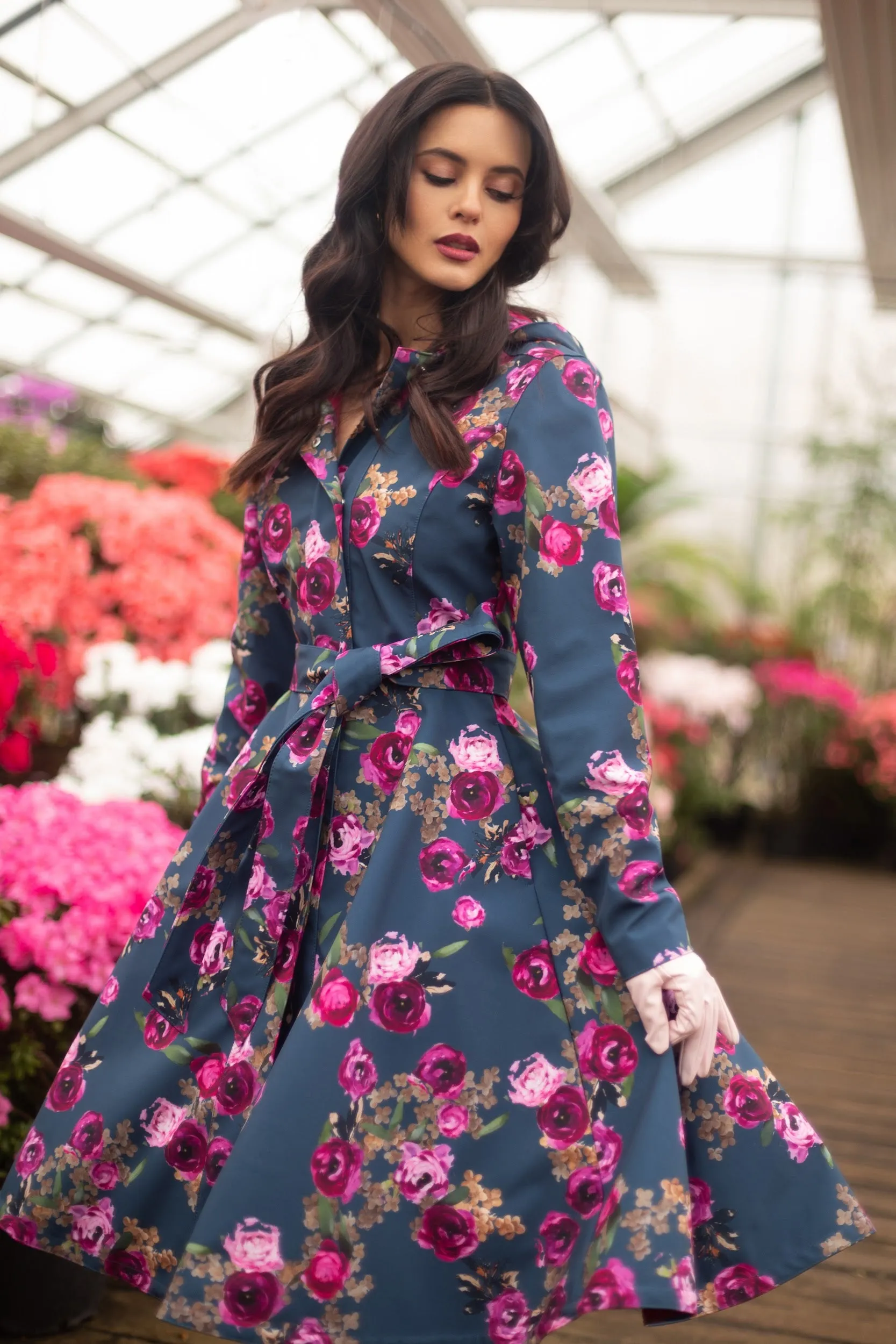 Fitted and Flared Coat with Pleated Back in Blue and Pink | 'Misty Rose'