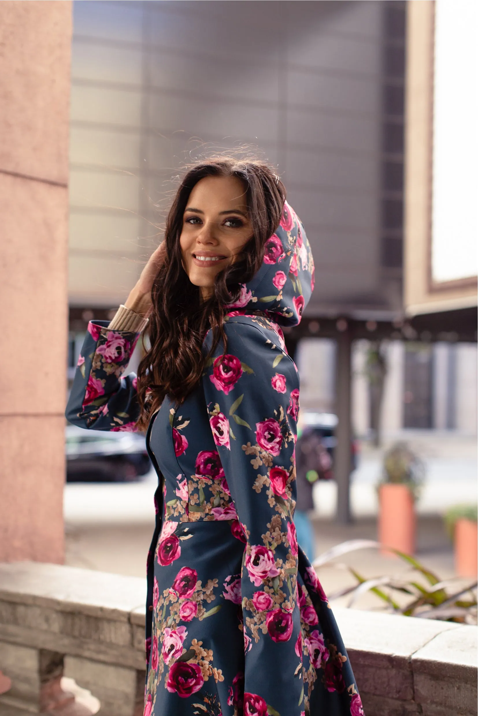 Fitted and Flared Coat with Pleated Back in Blue and Pink | 'Misty Rose'