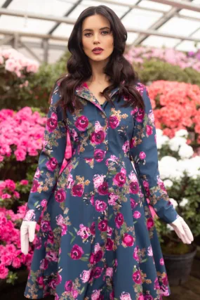 Fitted and Flared Coat with Pleated Back in Blue and Pink | 'Misty Rose' Fitted and Flared Coat with Pleated Back in Blue and Pink | 'Misty Rose'
