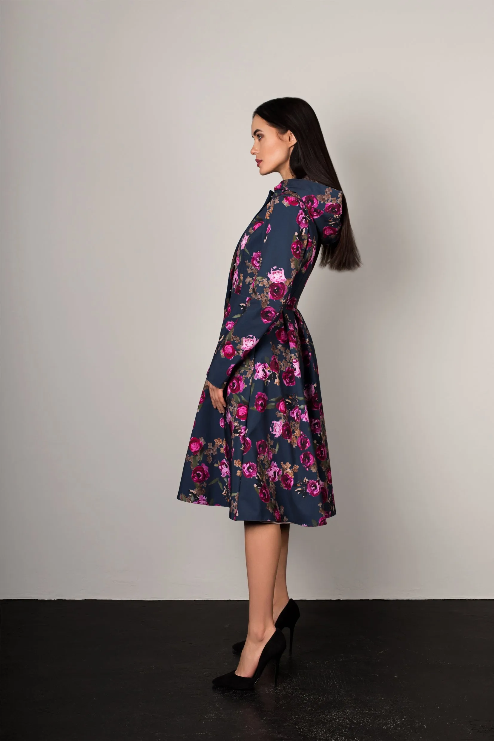 Fitted and Flared Coat with Pleated Back in Blue and Pink | 'Misty Rose'