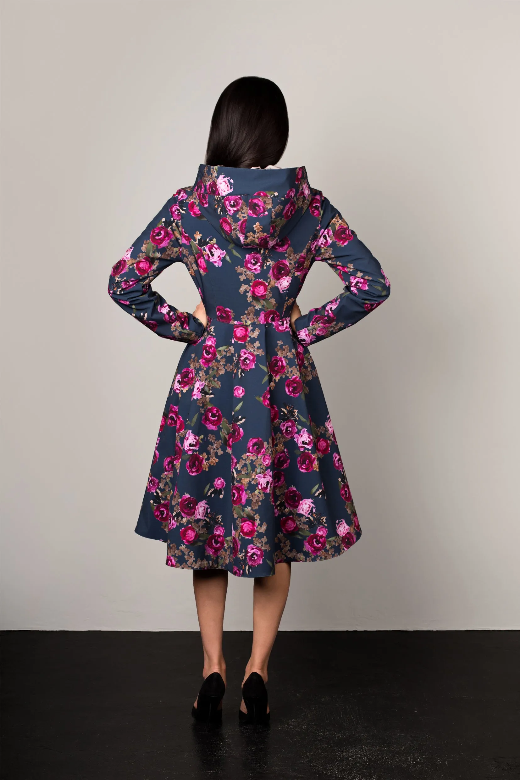 Fitted and Flared Coat with Pleated Back in Blue and Pink | 'Misty Rose'