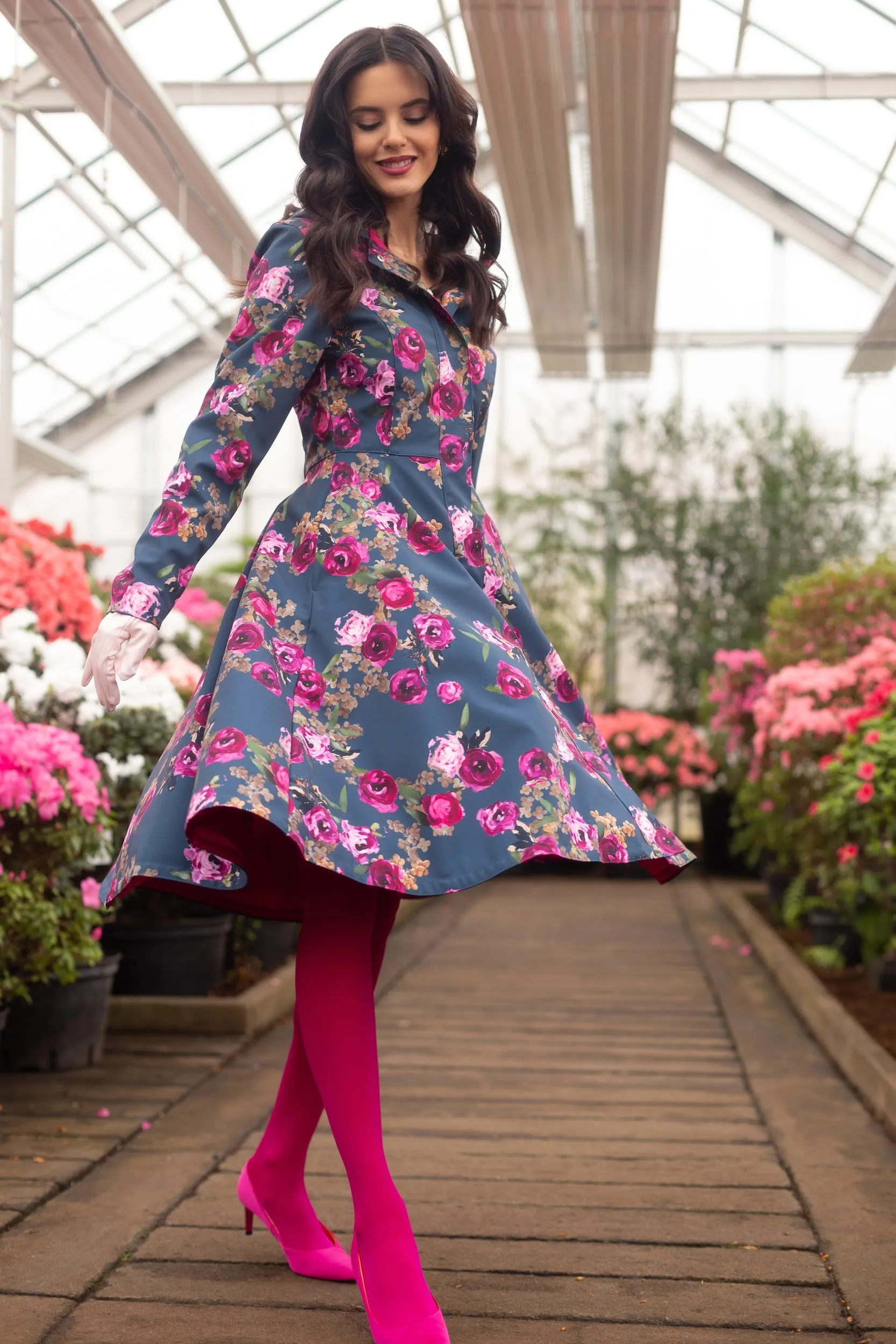 Fitted and Flared Coat with Pleated Back in Blue and Pink | 'Misty Rose'