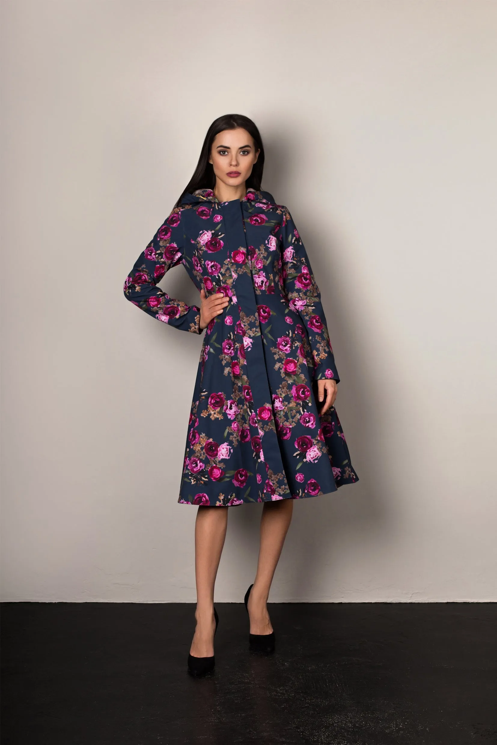 Fitted and Flared Coat with Pleated Back in Blue and Pink | 'Misty Rose'