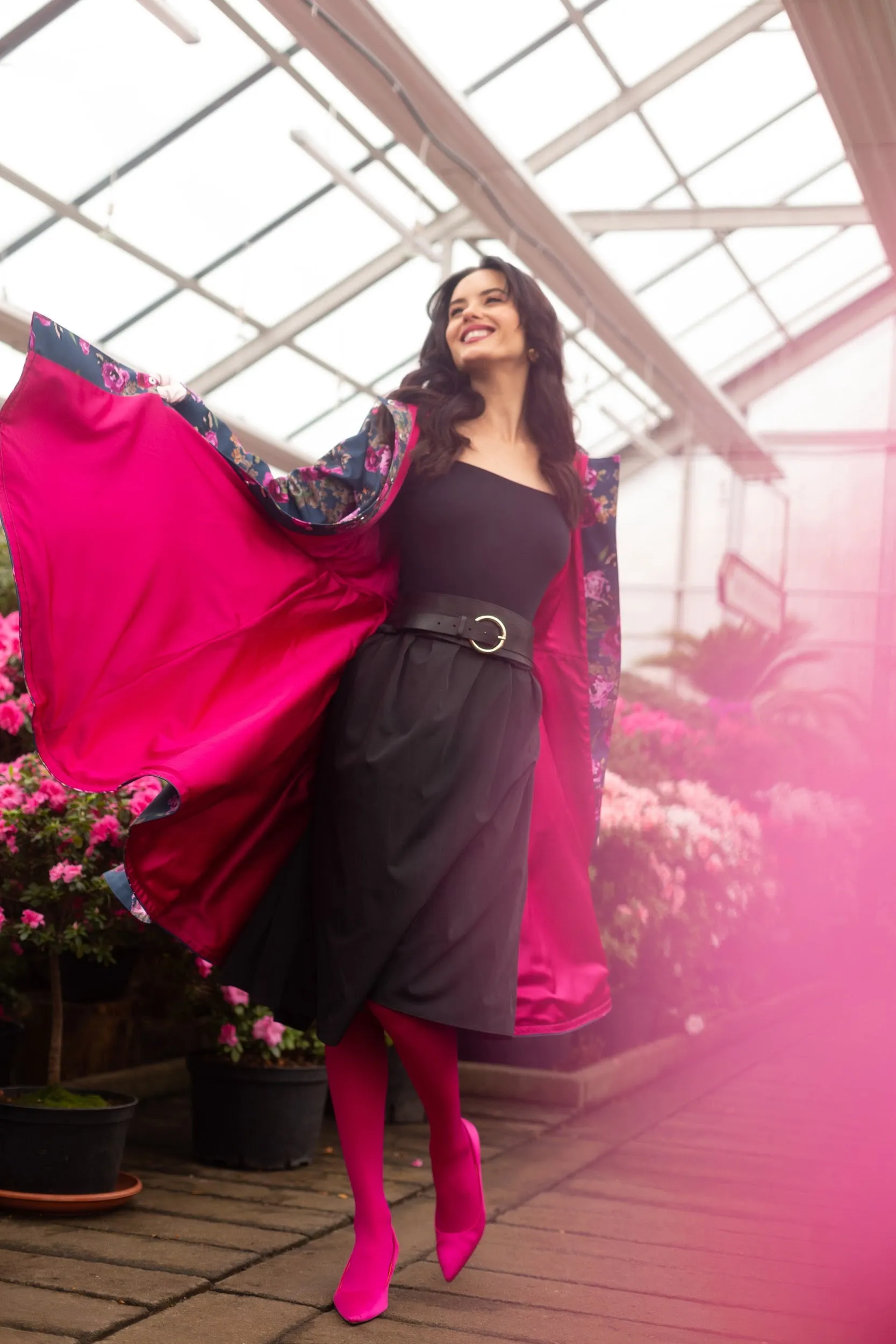 Fitted and Flared Coat with Pleated Back in Blue and Pink | 'Misty Rose'